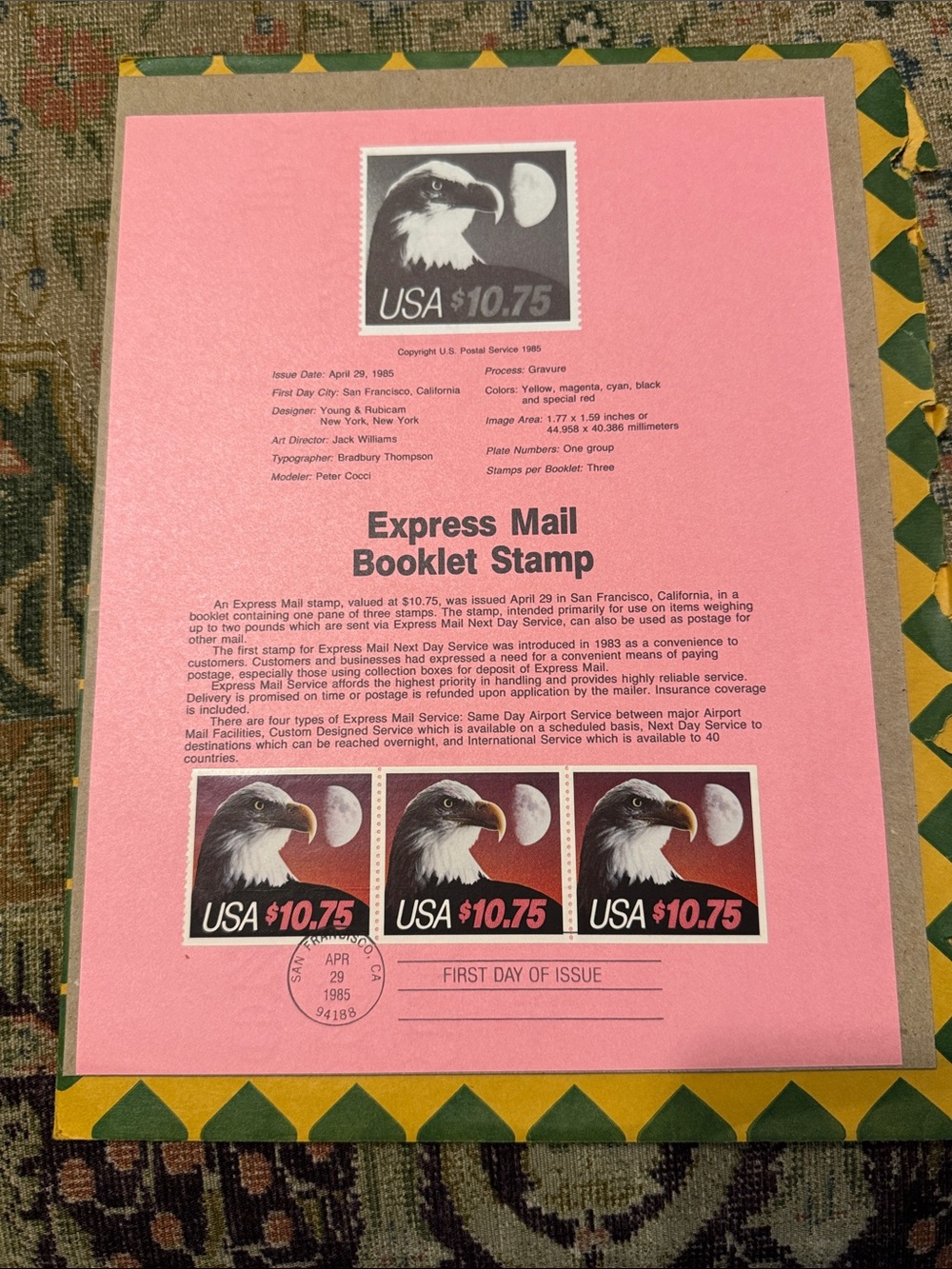 US 1985 USPS Souvenir Page #2122a +10.75$ Eagles Booklet Pane+Brookman08CV=130$